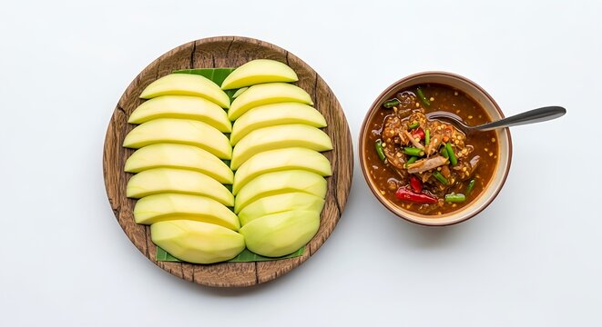 Sliced green mango on wooden plate with spicy sauce bowl ready to eat on white background