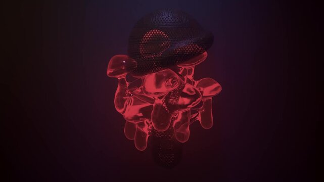 4K loop of a glossy white mushroom with black mesh rotating, releasing small red mushrooms dancing on a mycelium network, merging back into the main mushroom, dark background.