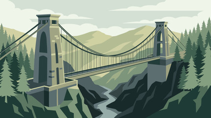 Fototapeta premium A Serene Vector Illustration of a Classic Suspension Bridge Over a Winding River Canyon
