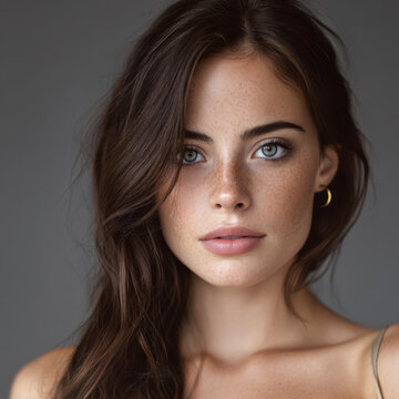 Beautiful woman with long brown hair blue eyes natural makeup freckles gold hoop earring soft lighting studio portrait confident expression