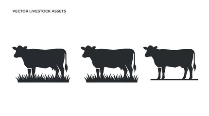 Obraz premium Three Silhouettes of Cows Standing in Grass - Vector Livestock Assets