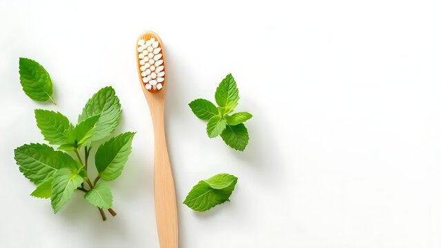Bamboo toothbrush with fresh mint leaves on white background