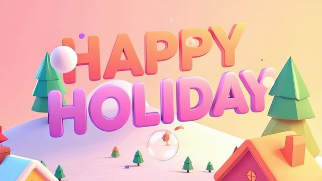 Happy Holiday 3D text animation in pastel winter village landscape