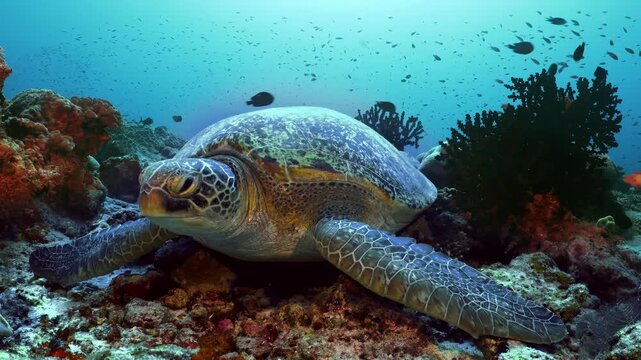 Majestic sea turtle glides through vibrant coral reef teeming with small fish