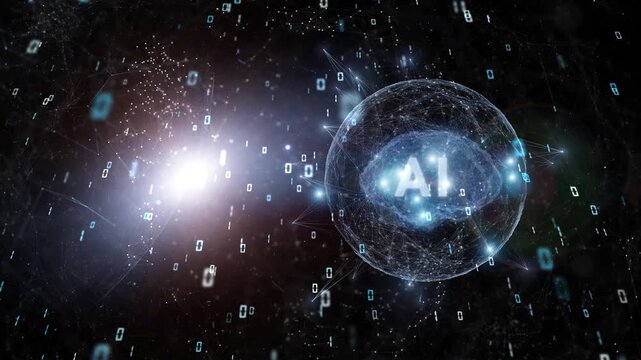 Futuristic digital sphere with AI human brain inside and falling binary code, representing advanced science, artificial intelligence and the future of technology and data-driven world. Animation.