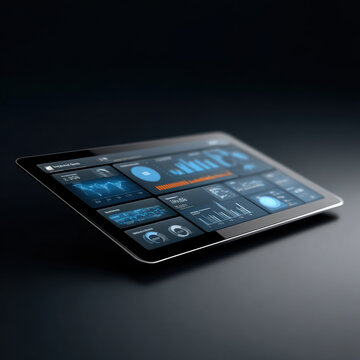 Futuristic digital dashboard tablet with blue data analytics, interactive charts, and modern interface for enterprise IT command center