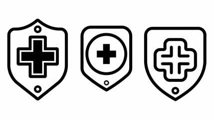 Obraz premium Three minimalist emblems featuring a cross symbol inside a shield shape, in varying designs