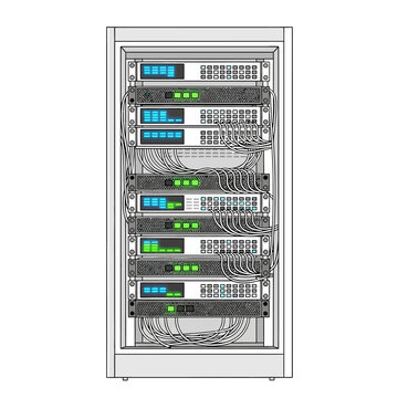 Server rack with network equipment and data cables in a white cabinet.