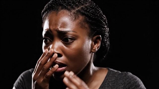 A person expresses intense fear and shock with wide eyes and hands on head