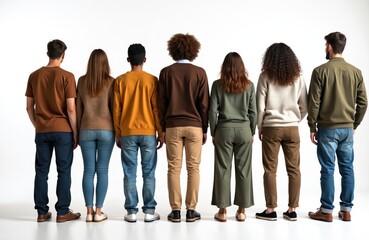 Fototapeta premium Seven people stand in line facing away from camera, dressed in casual clothes. Diverse men and women pose for studio shot with white background. Each person wears different colored pants and shirts.
