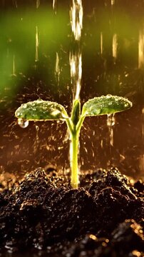 A small plant sprouts from the soil as water falls on it