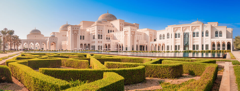 5 December 2025, Abu Dhabi, UAE: Qasr Al Watan, presidential palace, displaying stunning Islamic architecture and traditional maze garden as a landmark