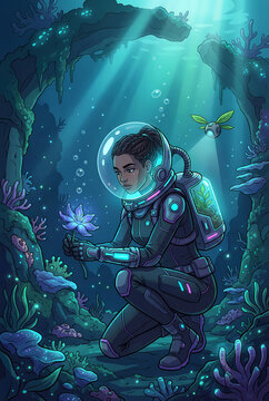 Underwater Solarpunk Botanist Explorer: Deep Sea Alien Ruin Harvest, Concept Art Illustration.