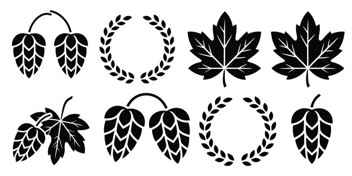Hop leaf botanical icons illustration, black vector set with brewing elements, laurel wreath, maple and grapevine leaves for beer design.