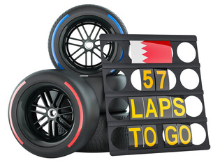 Naklejka premium Racing in Bahrain, pit board with flag of Bahrain and racing wheels with different compounds type tyres. 3D rendering