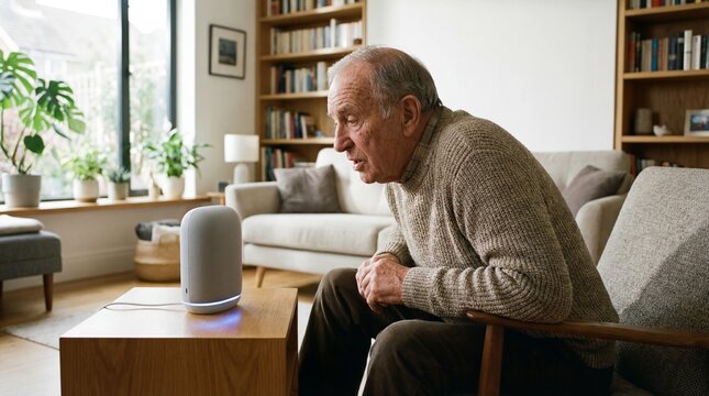 Elderly Man Using Voice Command for Smart Home Automation Speaker.