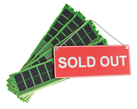 RAM modules with sold out sign. Computer memory shortage and hardware supply problem concept, 3d rendering