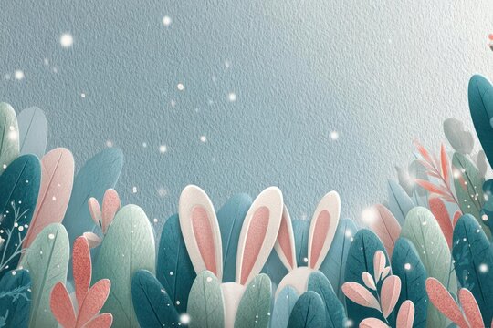 Rabbit Ears Peeking from Pastel Floral Bushes in Snowy Scene