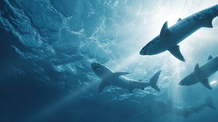 Fototapeta premium Several sharks gliding through clear blue ocean with sun rays penetrating water. Majestic marine predators in natural habitat. Underwater wildlife scene of movement and power of ocean life