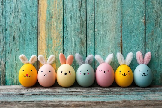 Easter Eggs with Bunny Ears on Wooden Background
