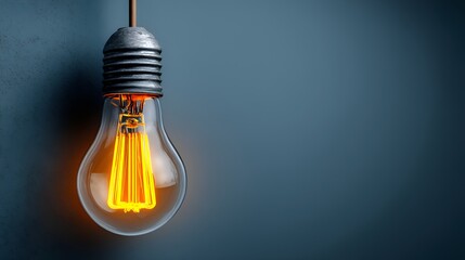 A brightly lit vintage incandescent lightbulb hangs against a dark blue wall providing bright illumination and a retro aesthetic feel with space.