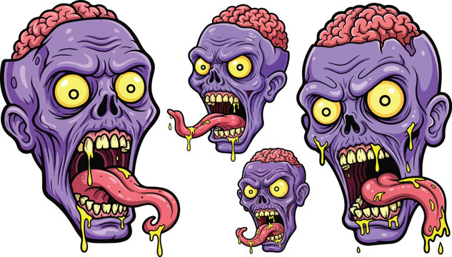 Creepy Cartoon Zombie Heads Vector Set with Exposed Brains, Long Tongues, and Drooling Mouths for Halloween and Horror Designs