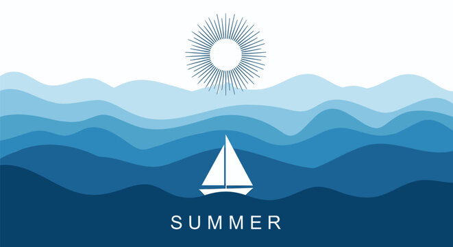 Summer sailboat vector illustration with sun and ocean waves