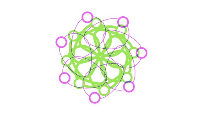 Neon Mandala, Loops.
A vibrant, lime-green radial array of interlocking geometric paths and pulsing pink circles.