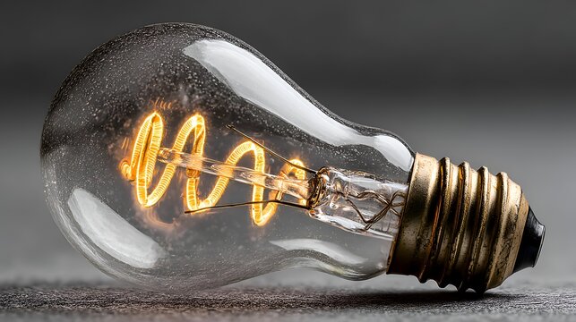 A glowing filament bulb with a unique spiral design rests horizontally on a textured surface, showcasing creativity and innovation in lighting.