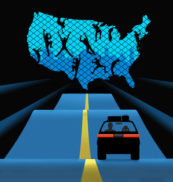 Would be immigrants are stopped at the border. A chain link fence protects and opening shaped like a map of the USA