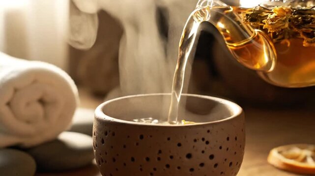 Cinematic close-up of warm herbal infusion flowing from a glass teapot into a handcrafted clay cup, delicate vapor swirling in the air, soft diffused morning light through a window, earthy tones