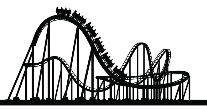 A black and white illustration of a roller coaster with multiple loops and hills
