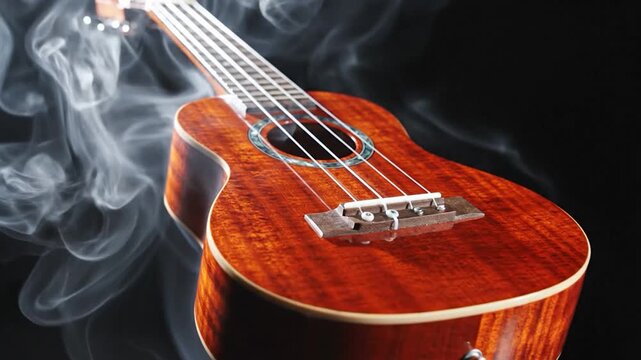 Acoustic stringed instrument with smoke effects on a dark background