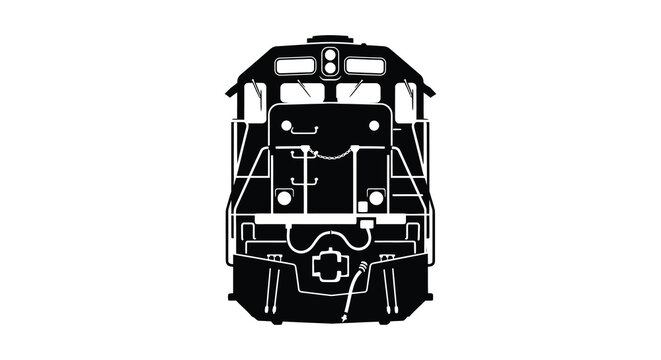A black and white line drawing of a train or locomotive engine from a front view perspective