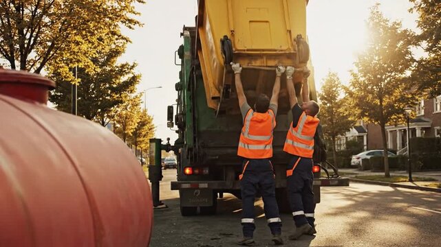 Two male waste collectors in orange vests lift yellow dumpster into garbage truck on street
