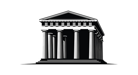 A black and white illustration of a classic ancient greek or roman temple building with columns and triangular pediment © arfanah02
