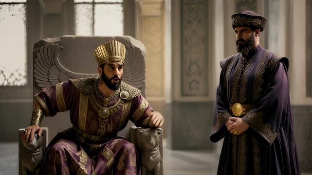 Ancient king on a golden throne discussing state affairs with a nobleman in a grand palace for power and leadership concept