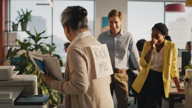 Elderly Asian woman with "Kick Me" sign interacts in office, colleagues laughing in background