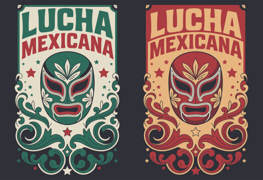 Lucha Mexicana Poster Vector Featuring Mexican Wrestling Luchador Mask Stars and Folk Ornaments Traditional Mexico Wrestling Cultural Artwork Illustration Colorful Design