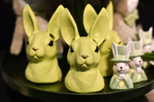 Easter holiday. Easter decorative bunnies in a decor store.
