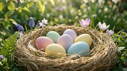 Fototapeta premium Colorful Pastel Easter Eggs in Straw Nest in Spring Garden