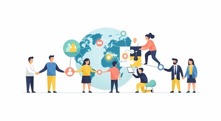 Fototapeta premium A global network of diverse people collaborating, connecting, and working together on a worldwide scale, symbolizing teamwork and communication.