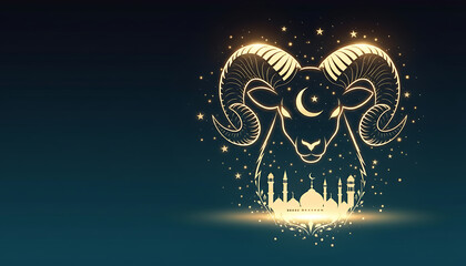 Naklejka premium Majestic Golden Ram and Mosque Silhouette Embodying Islamic Festivities and Light