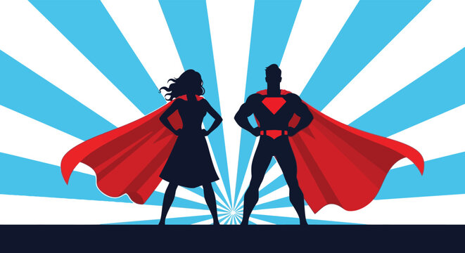 Superhero duo standing confidently against a vibrant blue and white sunburst background with flowing red capes