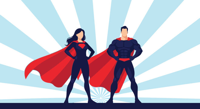Superhero duo standing confidently in front of a vibrant blue sunburst background with red capes flowing