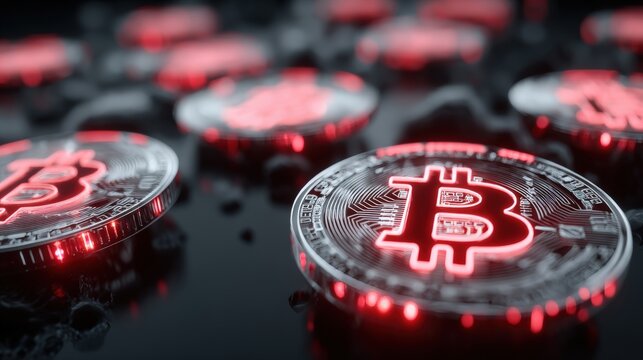 Glowing red bitcoin coins on a dark reflective surface, symbolizing digital currency, blockchain technology, and futuristic online finance.