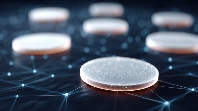 Futuristic white discs connected by glowing network lines on a dark digital background, symbolizing data, blockchain and distributed technology.