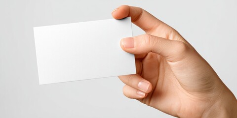 Obraz premium Hand holding a blank white business card on a light background, ready for custom text or logo design.