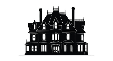 A black silhouette of a large ornate victorian style mansion with multiple stories and turrets © arfanah02