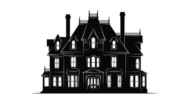 A black silhouette of a large ornate victorian style mansion with multiple stories and turrets